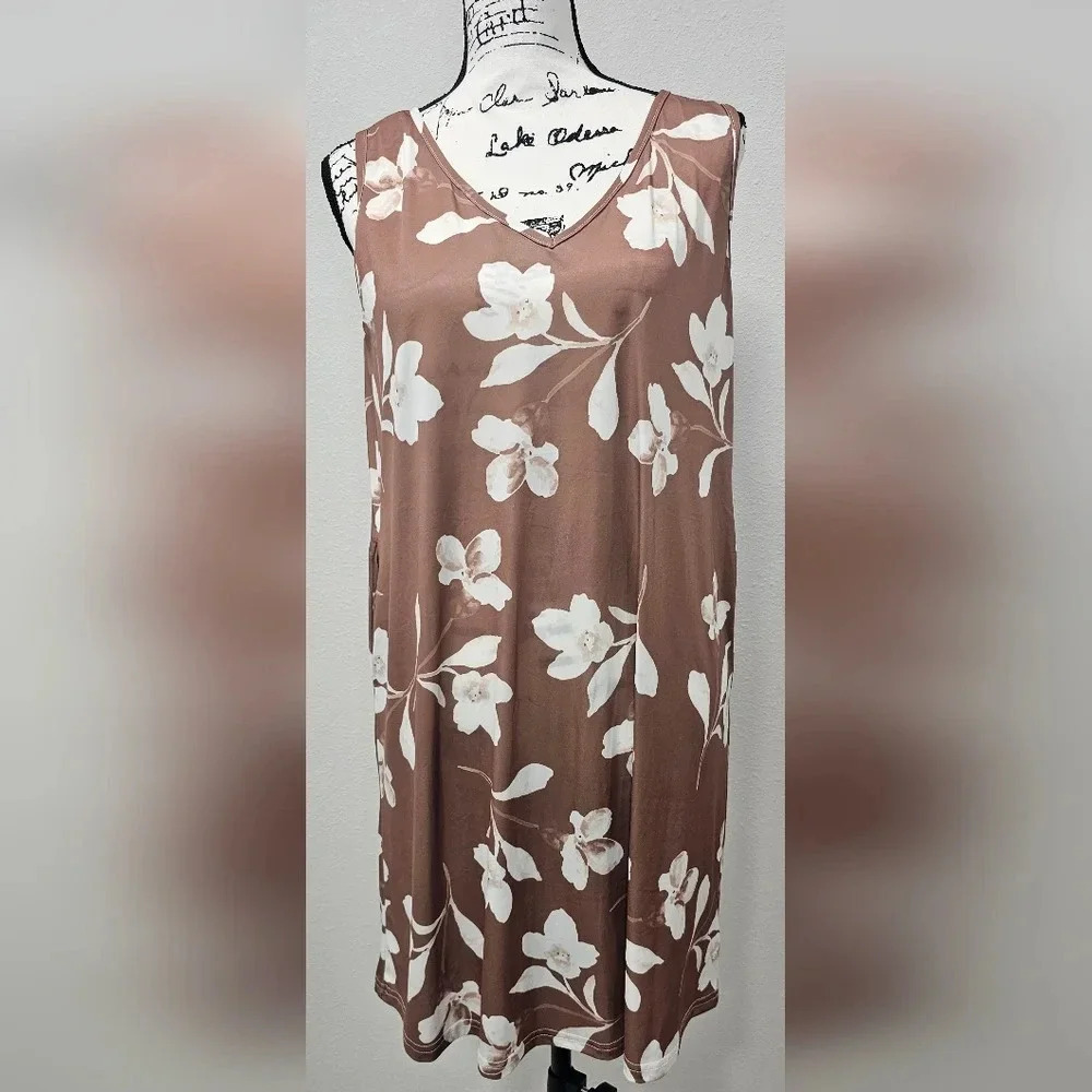 Bon Apple Tea Coffee & White Floral Pocket Sleeveless V Neck Shift Dress Size S